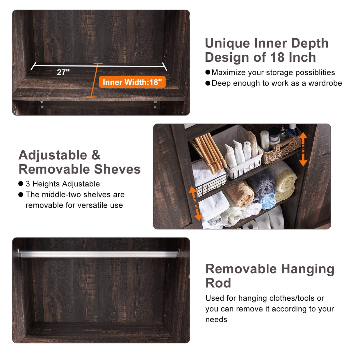 OKD 32'' Rustic Farmhouse Armoire with Adjustable Shelves and Barn Doors OKD