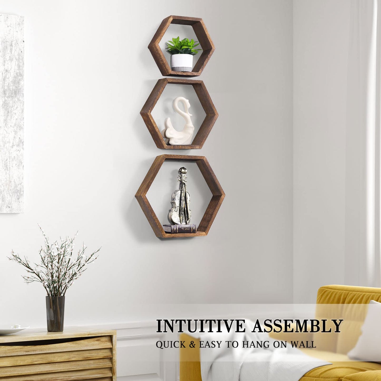 NOVIMANGO Hexagon Floating Shelves Set of 6 Honeycomb Shelves for Wall Wood Farmhouse Storage Home Decor Shelf Wall Mounted Wooden Hexagonal Shelves - WoodArtSupply