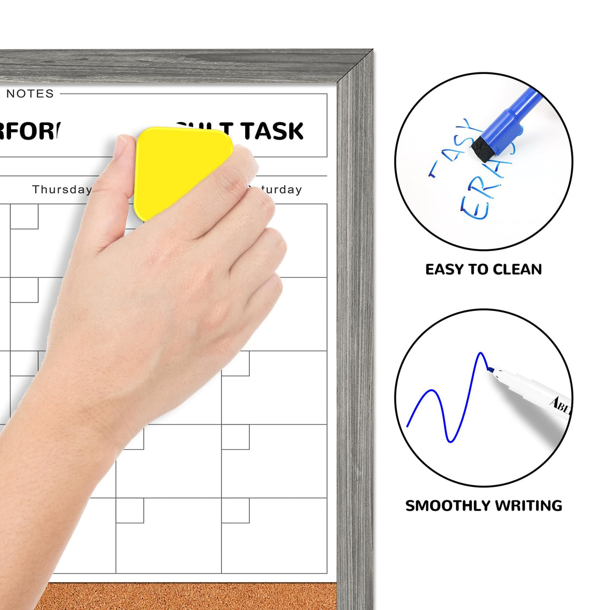 Monthly Whiteboard Calendar & Corkboard for Wall, Magnetic 17"x13" Dry Erase Board with Gray Wood Framed, 2in1 White Board Cork Board Combo, Calendar ABERLLS