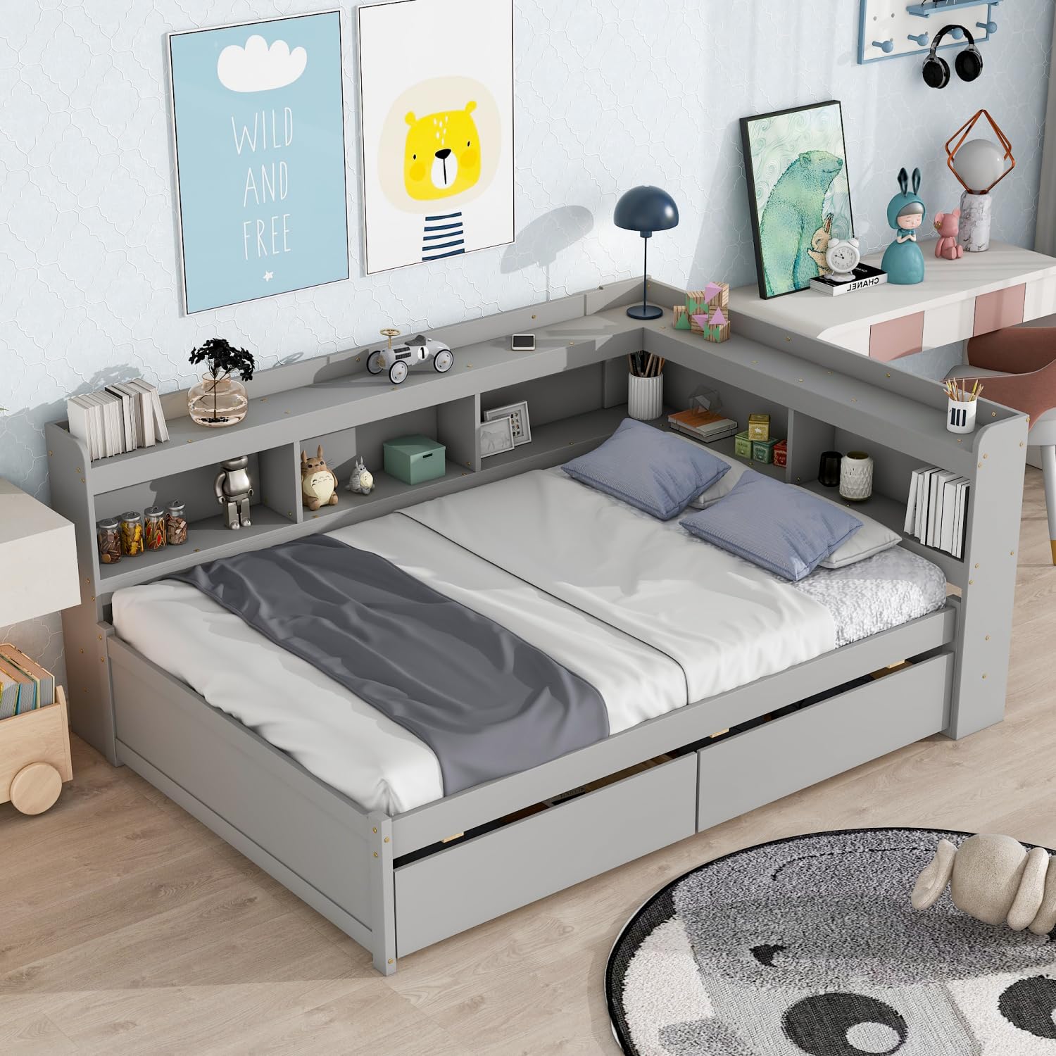 DNChuan Modern Gray Full Size Bed with L-Shaped Storage and Bookcase Headboard - WoodArtSupply