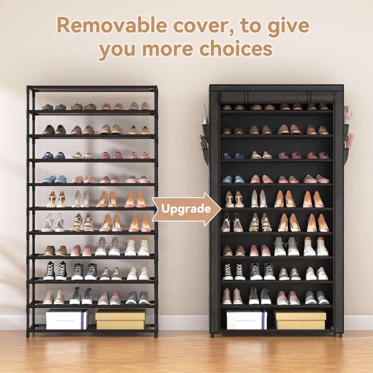 ROJASOP 10 Tier Shoe Rack with Covers,Large Capacity Stackable Tall Shoe Shelf Storage to 50-55 Pairs Shoes and Boots Sturdy Metal Free Standing ROJASOP