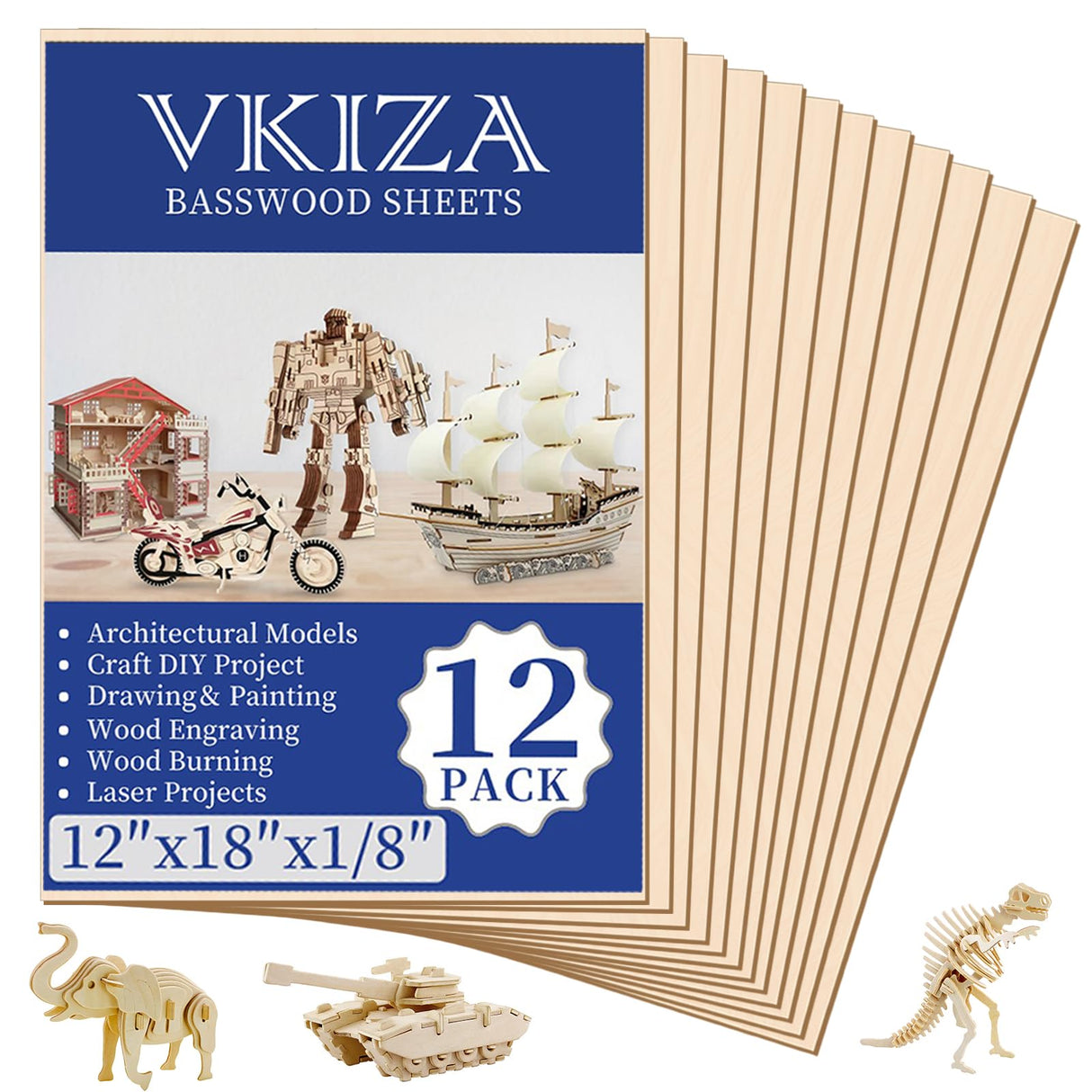 12 Pack Basswood Sheets for Crafts 12x18x1/8 Inch, 3mm Thick Unfinished Plywood for Laser Cutting & Engraving, DIY Ornaments and Architectural Model VKIZA