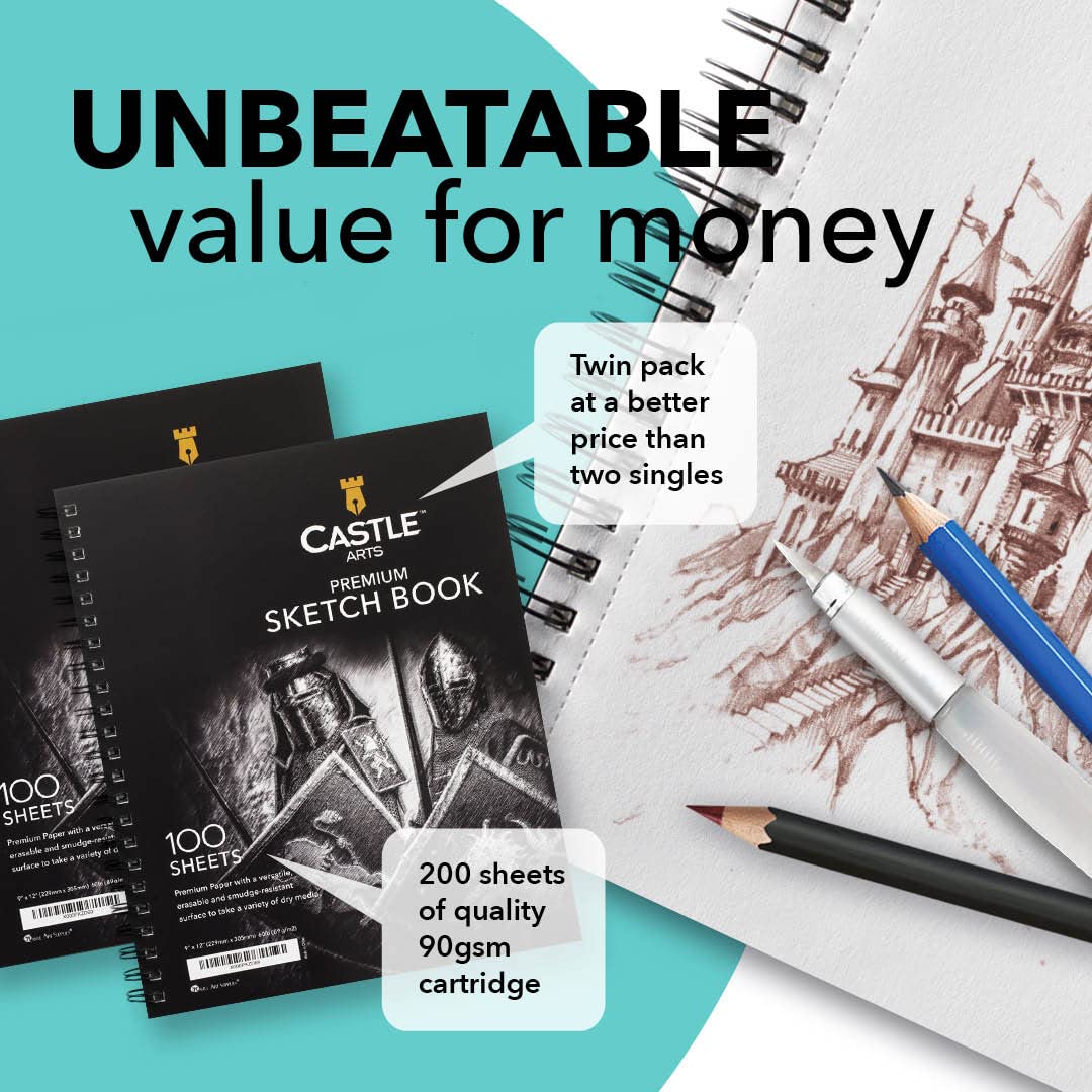 Castle Art Supplies Premium Sketch Book 9in x 12in | Double Sketch Pad Pack | 200 Sheets of Quality 90gsm Paper | for Adult Artists and Learners | Castle Art Supplies