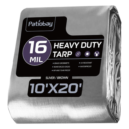 Patiobay Heavy Duty Tarp 10x20FT, 16 Mil Sliver Thick Waterproof Poly Tarp for Outdoor Camping Pool Car Tent, UV Resistant, Rip and Tear Proof