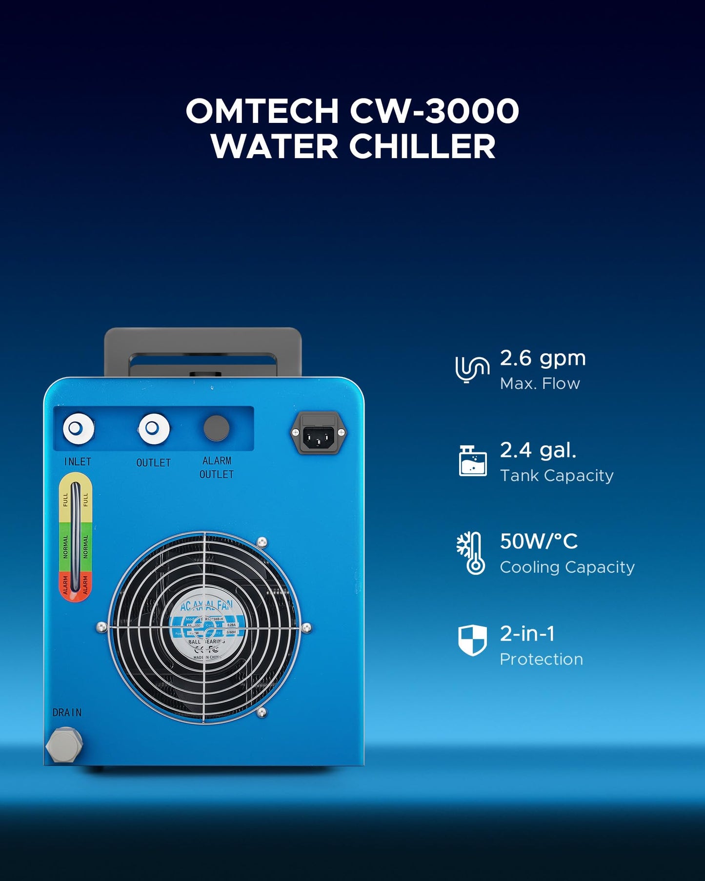 OMTECH 9L Industrial Water Chiller 2.6gpm CW-3000 Water Cooler for 40W K40 CO2 Laser Engraving & Cutting Machines, Water Cooling System Radiates 50W - WoodArtSupply