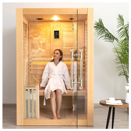 Smartmak Wood Home Steam Sauna, 2 or 3 Person Canadian Hemlock Traditional Luxurious Wooden Indoor Spa Room, with 4.5 kw Heater, Bluetooth Speaker, Smartmak