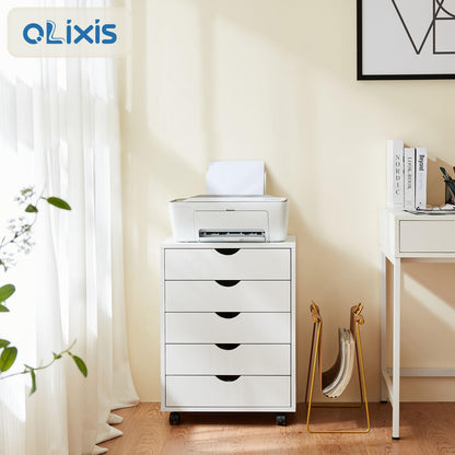 OLIXIS 5 Drawer Chest Wood File Cabinet Rolling Storage Dresser with Wheels for Home Office, White - WoodArtSupply