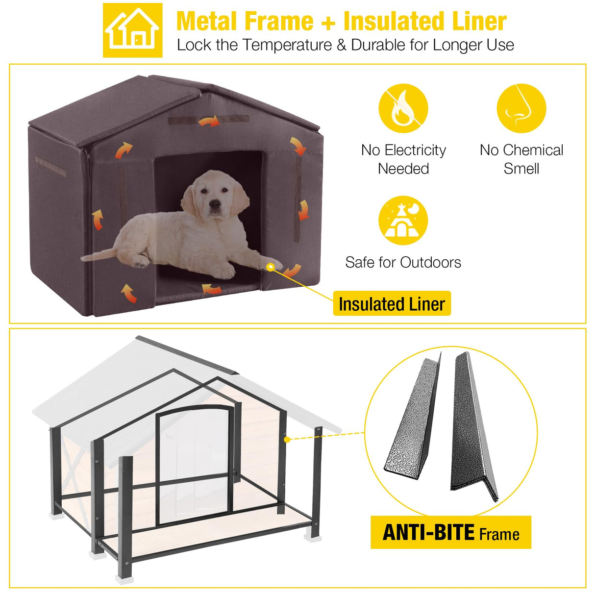 Aivituvin Dog House with Insulated Liner Outdoor All-Around Iron Frame Dog Kennel Outside with Overhang Roof Large Porch Weatherproof Aivituvin