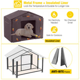 Aivituvin Dog House with Insulated Liner Outdoor All-Around Iron Frame Dog Kennel Outside with Overhang Roof Large Porch Weatherproof Aivituvin