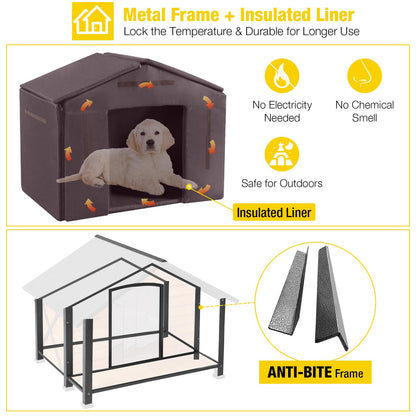 Aivituvin Dog House with Insulated Liner Outdoor All-Around Iron Frame Dog Kennel Outside with Overhang Roof Large Porch Weatherproof - WoodArtSupply