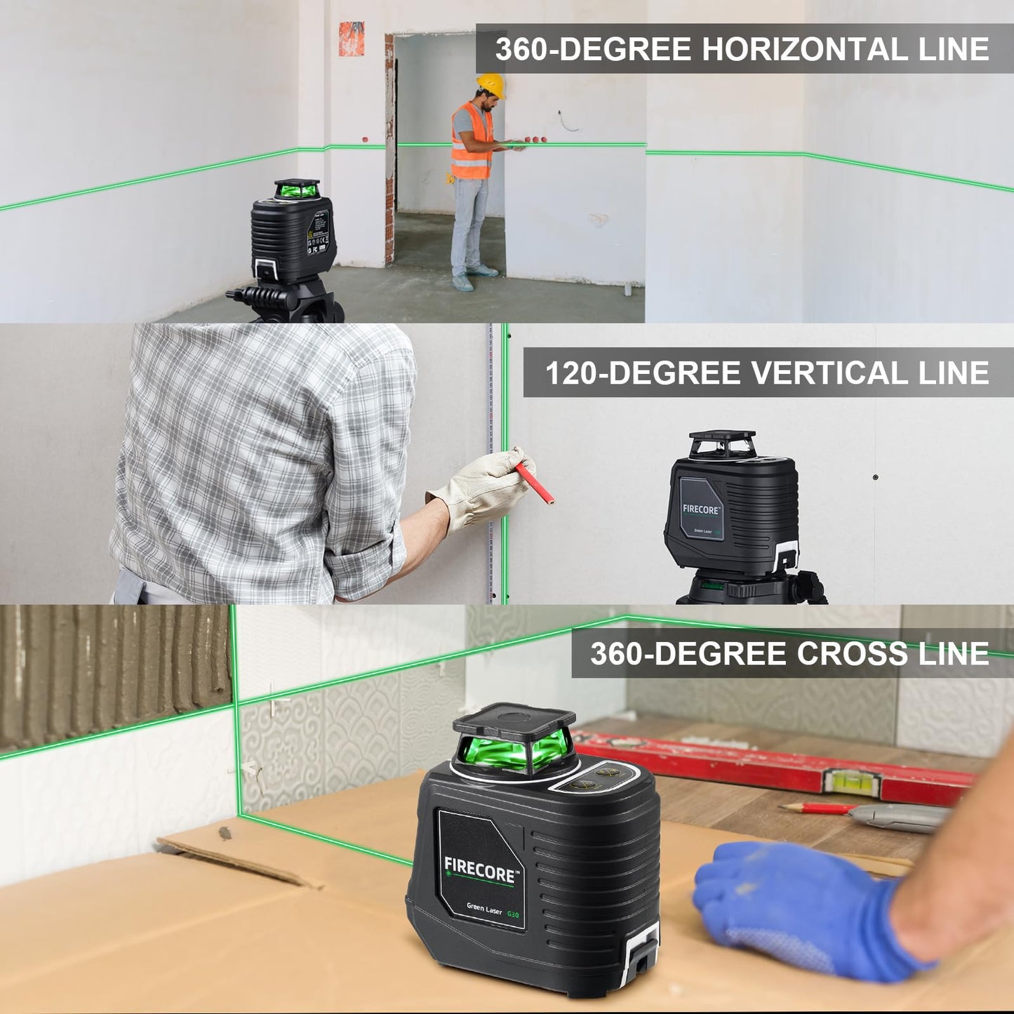 Firecore Laser Level with Tripod, 82Ft Green Self Leveling 360°Cross Line Laser Level for Picture Hanging Construction Indoor Project, Magnetic - WoodArtSupply