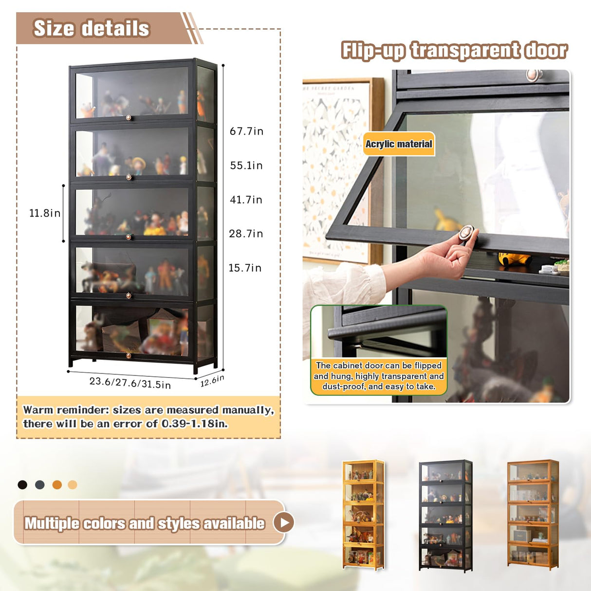 Lsjoaw Display Case 31.5x12.6x67.7in Flip Door Cabinet Display Shelf Curio Cabinet Modern Minimalist Bamboo Storage with Acrylic Cabinet Doorsealed Lsjoaw