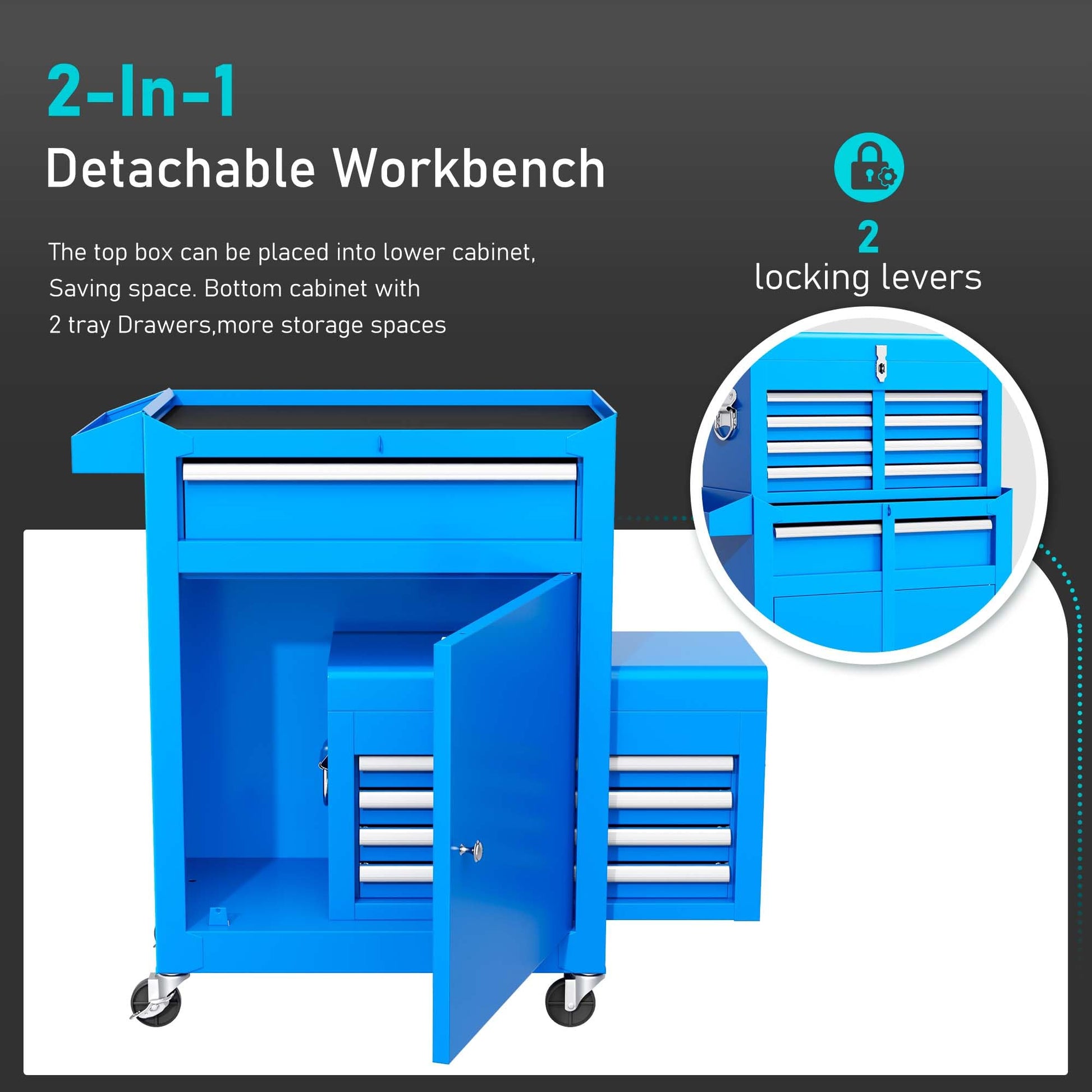 INTERGREAT Blue Tool Chest, 5-Drawer Rolling Tool Chest with Detachable Top Tool Box, Tool Chest with Universal Lockable Wheels, Metal Tool Cart for - WoodArtSupply