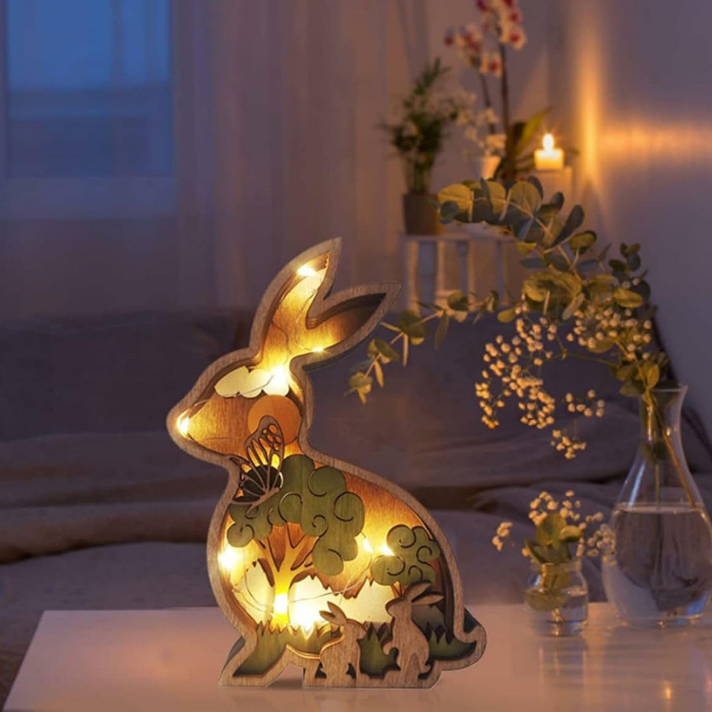 3D Wood Carving Animals Lamp Home Decorative, Cute Bunny Wolf Cat Family Presents Ideas Easter Birthday Living Room Office Decor Warm LED Night - WoodArtSupply