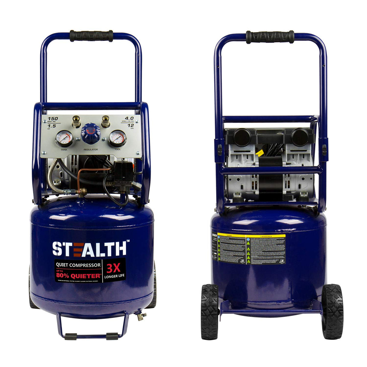 Stealth 12 Gallon Ultra Quiet Air Compressor, 1.5 HP Oil-Free Peak 150 PSI 68 Decibel Air Compressor,5 CFM @ 40 PSI 4 CFM @ 90 PSI Silent Portable Stealth