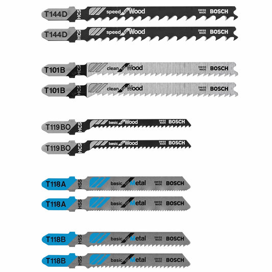 BOSCH T5002 T-Shank Multi-Purpose Jigsaw Blades, 10 Piece, Assorted, Jig Saw Blade Set for Cutting Wood and Metal - WoodArtSupply