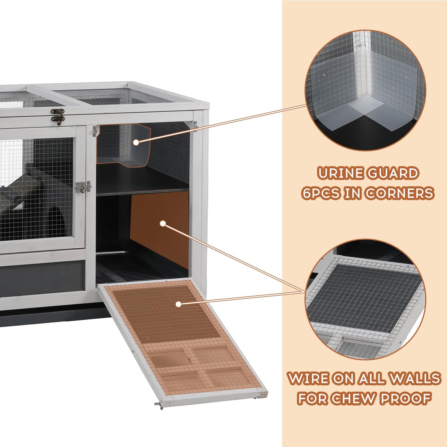 AniwuPaws Rabbit Hutch Indoor with Urine Guards/Netting Floor, Rabbit Cage on Wheels/Chew Proof/Tray, Guinea Pig Cages with Doors, Wooden Bunny House - WoodArtSupply