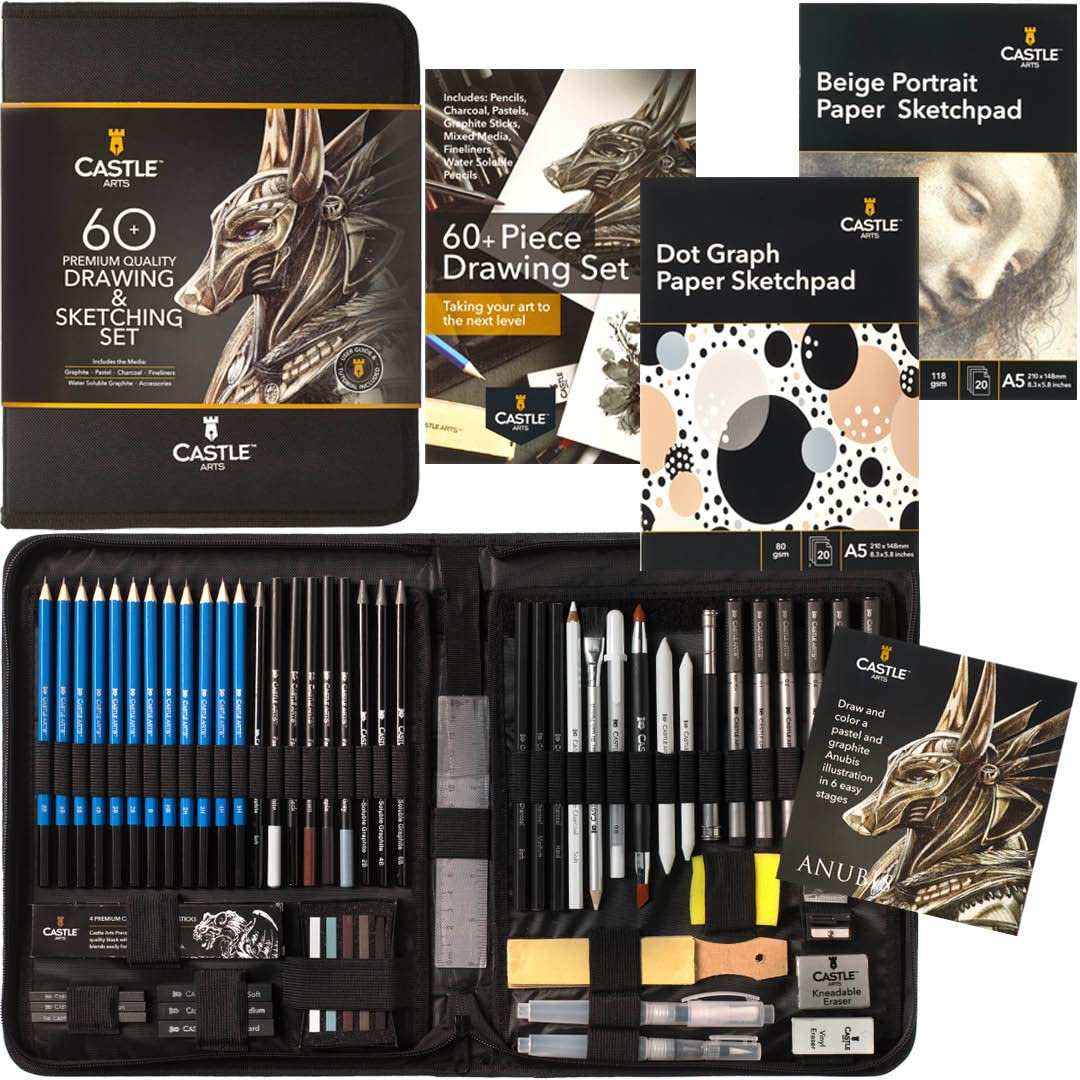 Castle Art Supplies 60 Piece Drawing & Sketching Set | Quality Graphite, Charcoal, Pastel, Water Soluble Pencils + Sticks, Fineliners | For Castle Art Supplies