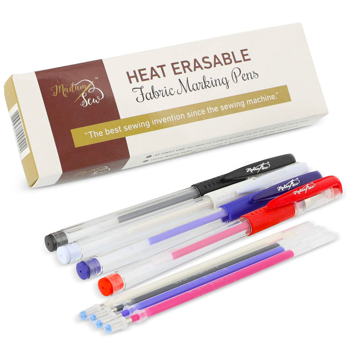Madam Sew Heat Erasable Fabric Marking Pens | Quilting, Sewing, Crafts and Dressmaking I 4 Assorted Colors with 4 Refills Madam Sew