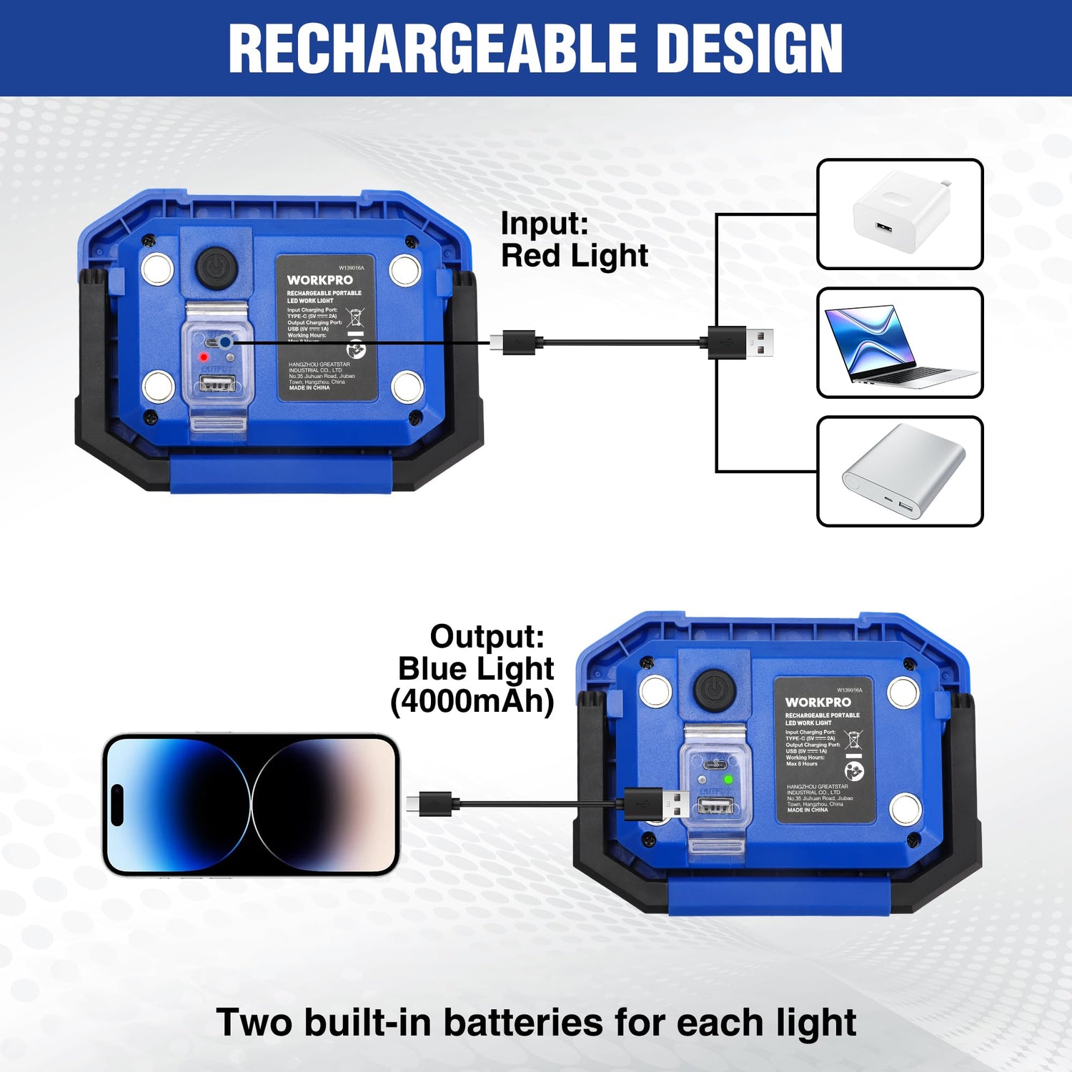 WORKPRO LED Work Light, Rechargeable Magnetic Work Lights with Stand, Portable, Waterproof, 2000LM COB Flood Light for Camping, Fishing, Car Repair, WORKPRO