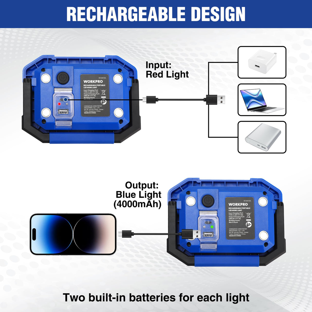WORKPRO LED Work Light, Rechargeable Magnetic Work Lights with Stand, Portable, Waterproof, 2000LM COB Flood Light for Camping, Fishing, Car Repair, WORKPRO