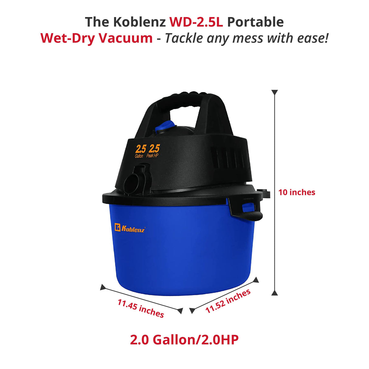 Koblenz WD-2.5 L Portable Wet/Dry, 2.5 Gallon 2.5HP Wall Mountable Vacuum, Blue+Black, 5 Year Warranty Koblenz