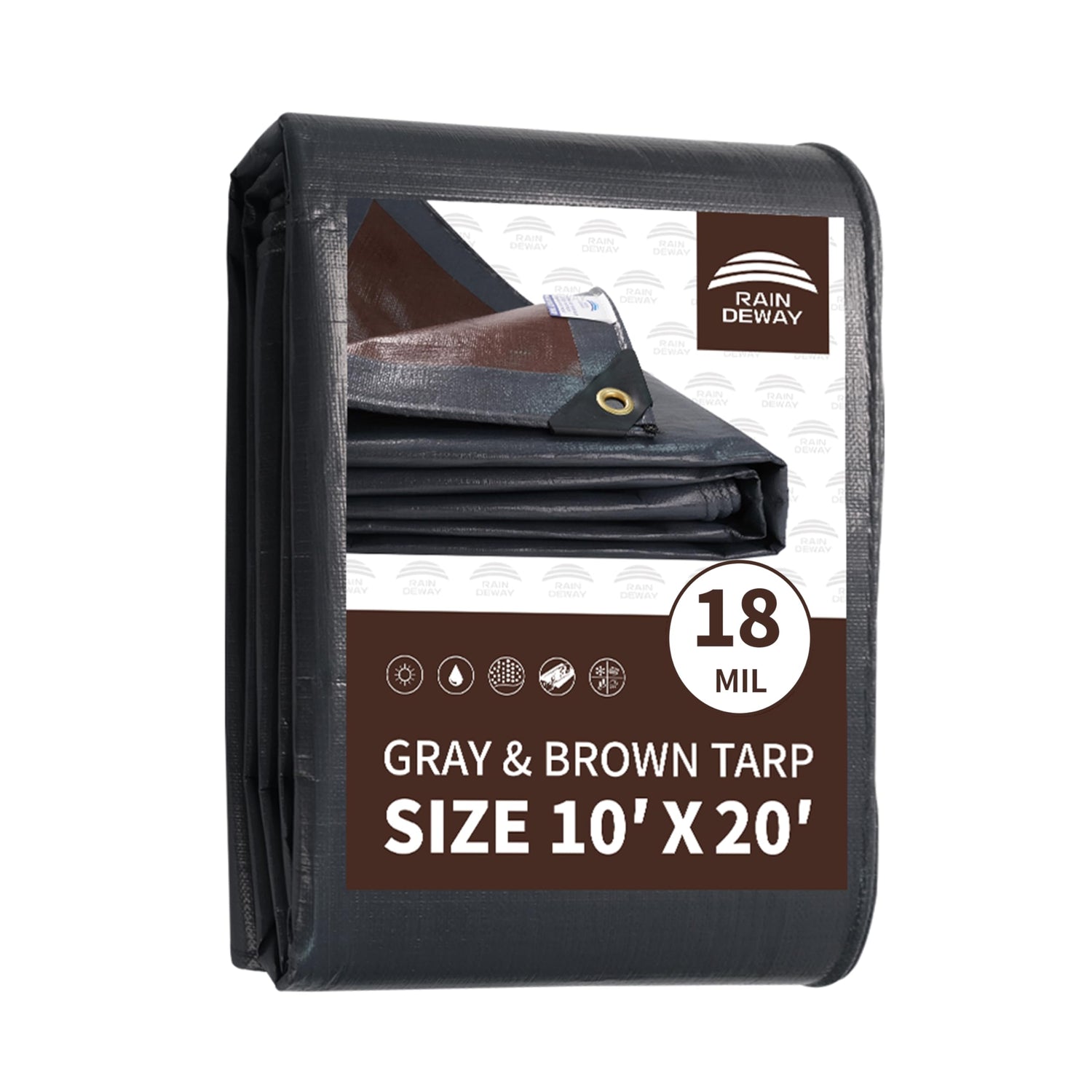 RAINDEWAY 10x20 Feet Super Heavy Duty Tarp 18 Mil, UV Resistant, Weatherproof, Multipurpose Waterproof Poly Tarp with Reinforced Edges, Brown/Gray RAINDEWAY