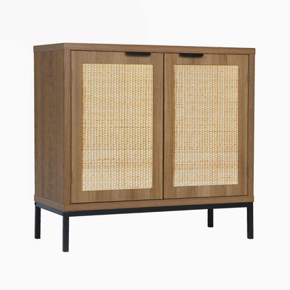 Anmytek Rustic Oak Accent Storage Cabinet with 2 Rattan Doors, Mid Century Natural Wood Sideboard Furniture for Living Room H0045