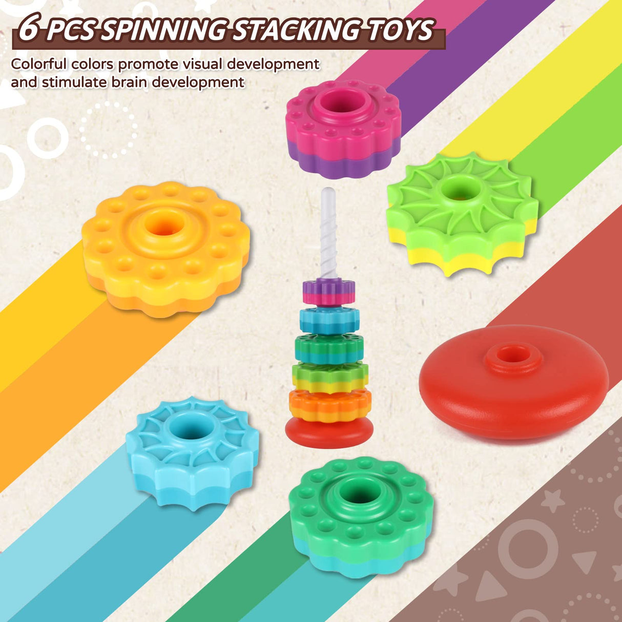 JUXUE Baby Spinning Stacking Toys for Toddlers 1-3, Rainbow Ring Stacker Montessori Toys for Babies 6-12 Months, 1 2 3 One Year Old Girl Boy JUXUE