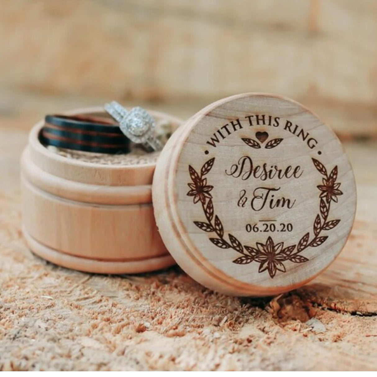 The Wedding Party Store, Custom Engraved Ring Box Holder - Personalized Rustic Round Wood Ring Bearer Wedding Box The Wedding Party Store