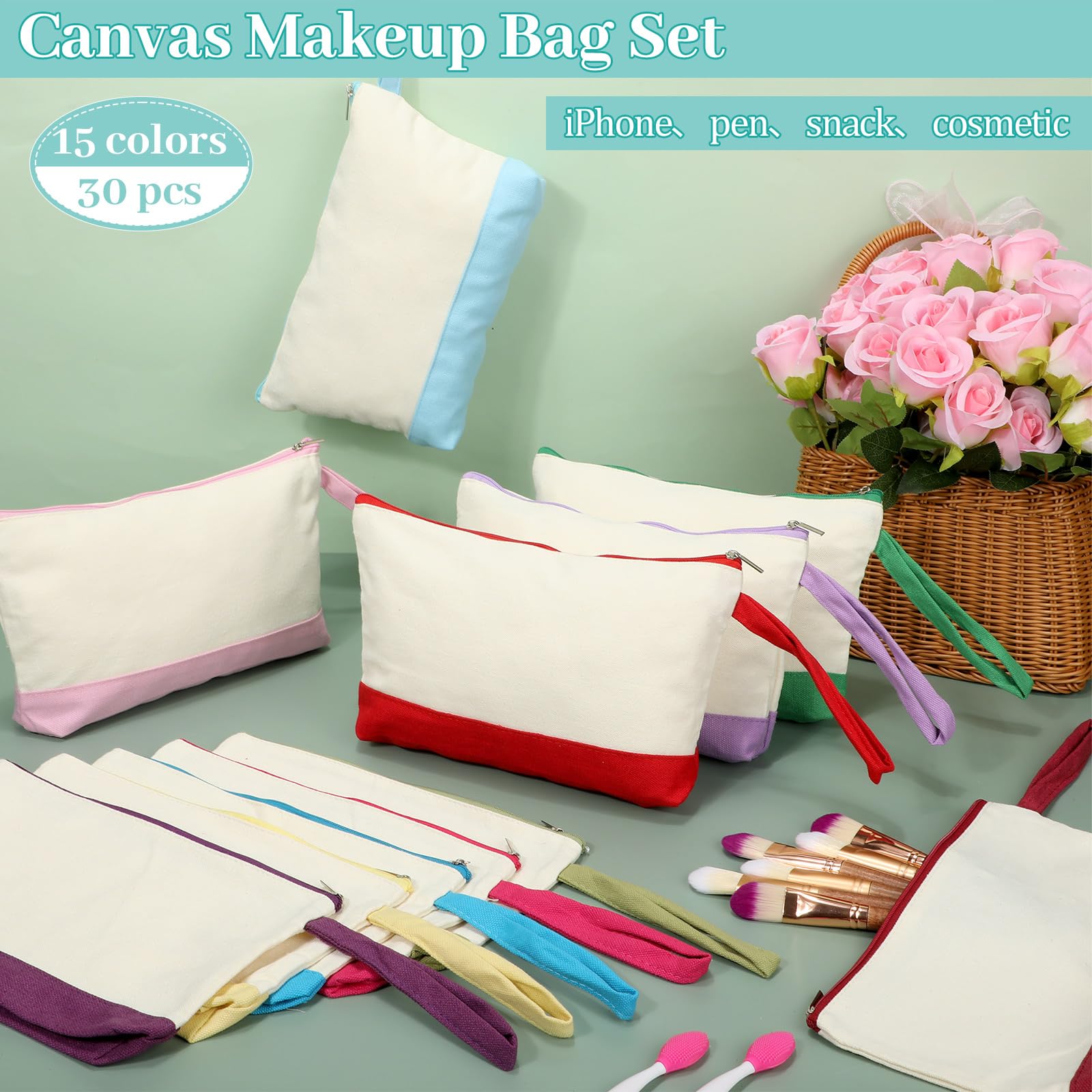 6-Pack White Makeup Bag Set with Zipper, Customizable Canvas