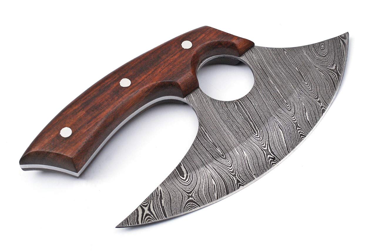 Super Knife Handmade Damascus Steel Ulu Knife - Fixed Blade knife for Chopping Boning Slicing Cutting ,Solid Rose Wood Handle with Leather Sheath, Super knife