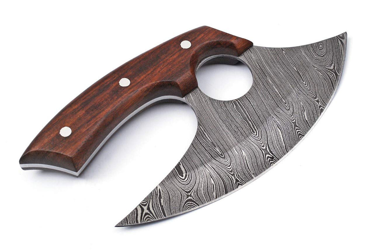 Super Knife Handmade Damascus Steel Ulu Knife - Fixed Blade knife for Chopping Boning Slicing Cutting ,Solid Rose Wood Handle with Leather Sheath, Super knife
