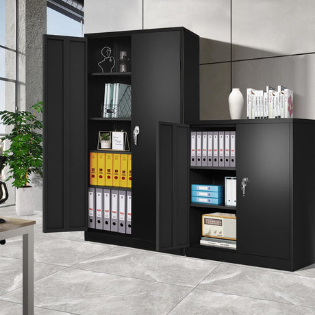 Greenvelly Metal Garage Cabinet, 42" H Locking Metal Storage Cabinet with 2 Doors and Adjustable Shelves, Black Steel File Cabinet for Home Office, Greenvelly
