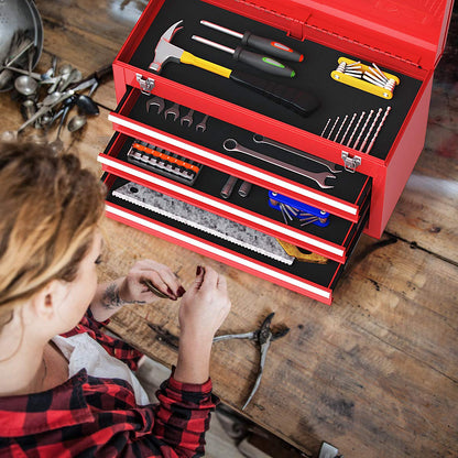 Goplus Tool Box with 3 Drawers, 20" Portable Tool Chest Organizer with Lock Latch & Liner for Garage Trunk Household, Powder Coated Steel, Red - WoodArtSupply