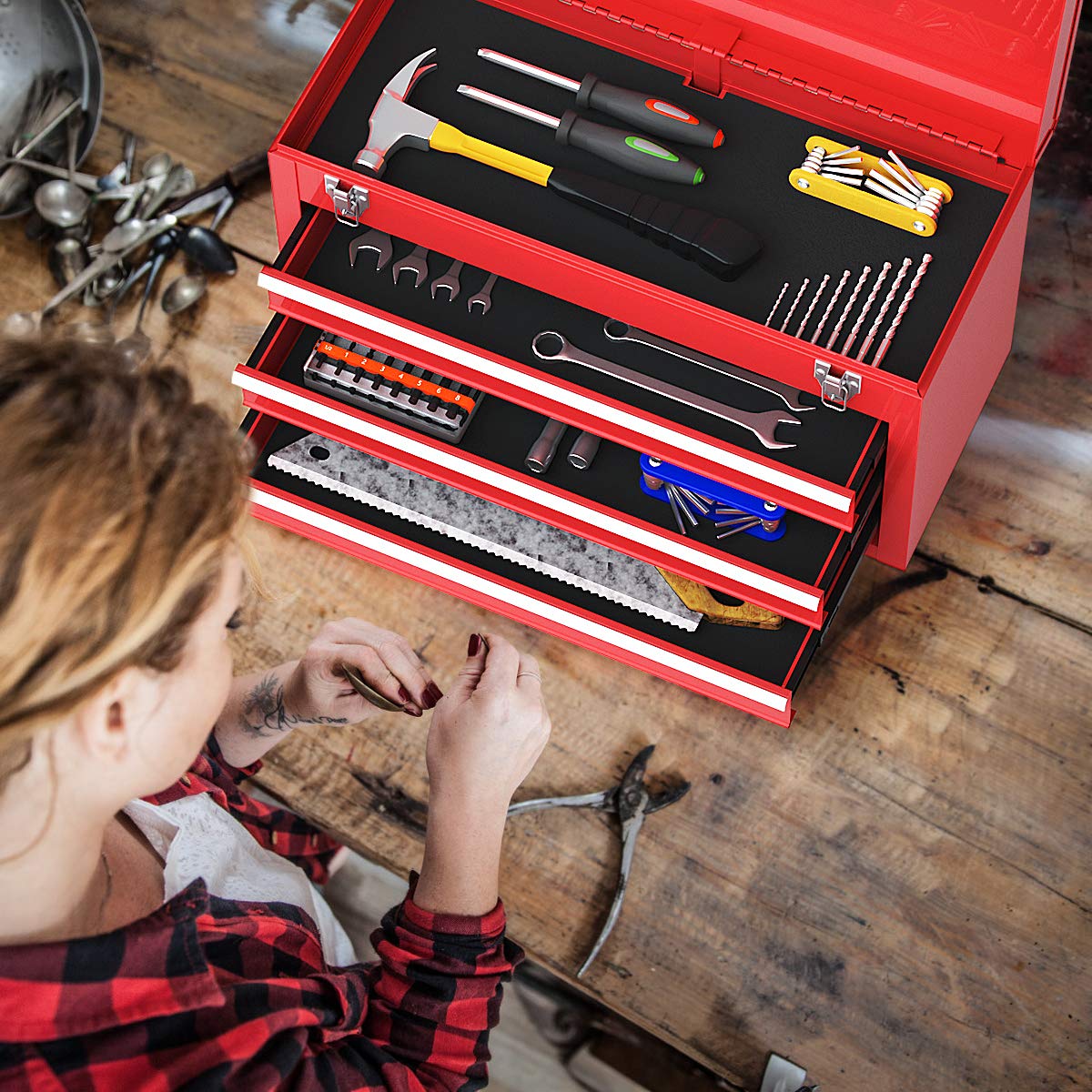 S AFSTAR 21-inche Tool Box, Portable 3 Drawer Steel Toolbox with Top Storage Tray & Carrying Handle, Double Latch System, Tool Storage Chest Hand - WoodArtSupply