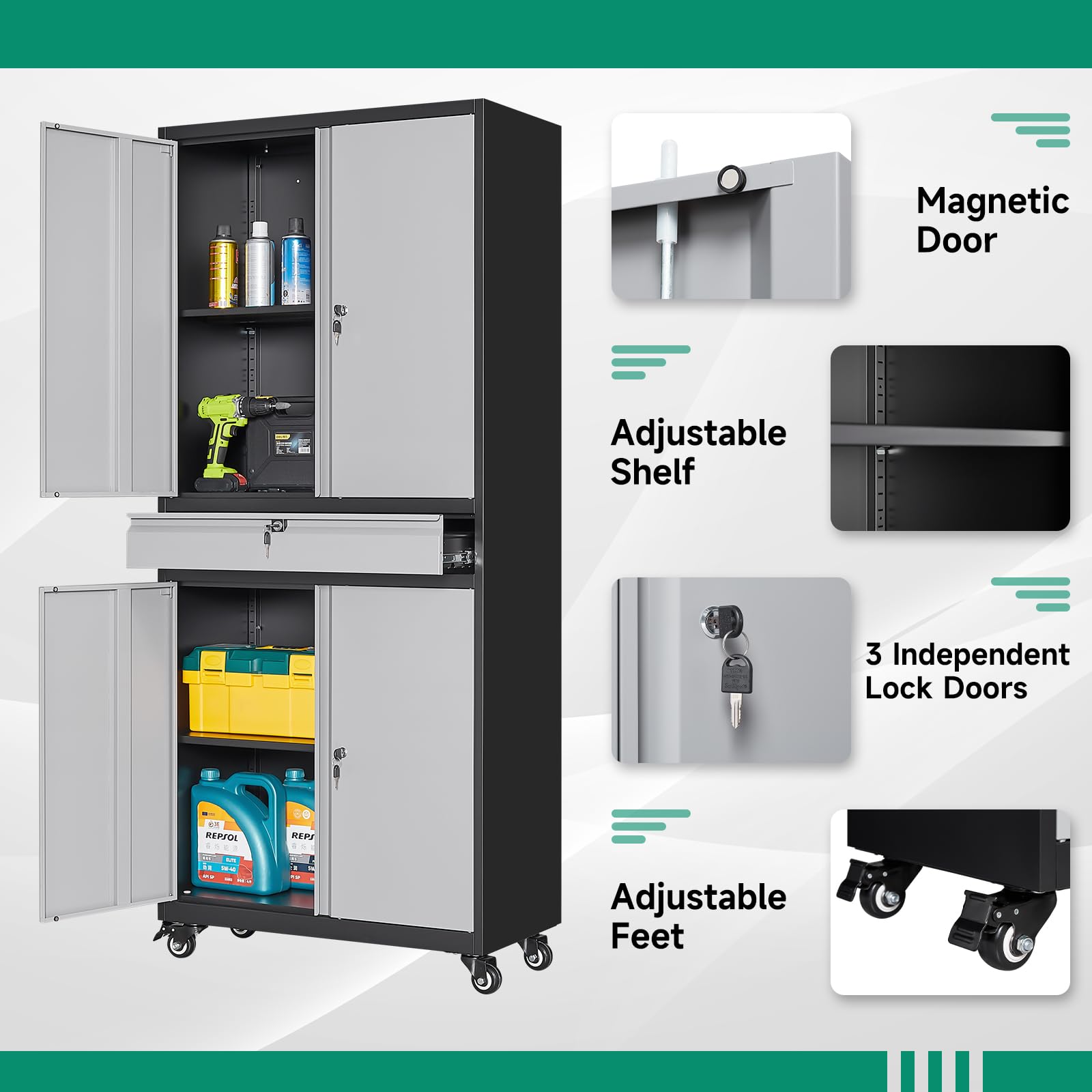 Letaya Metal Garage Storage Cabinet with Wheels,72” Rolling Tool Cabinet with 4 Door Lock-Adjustable Shelves and Drawer for Garage Home Office - WoodArtSupply