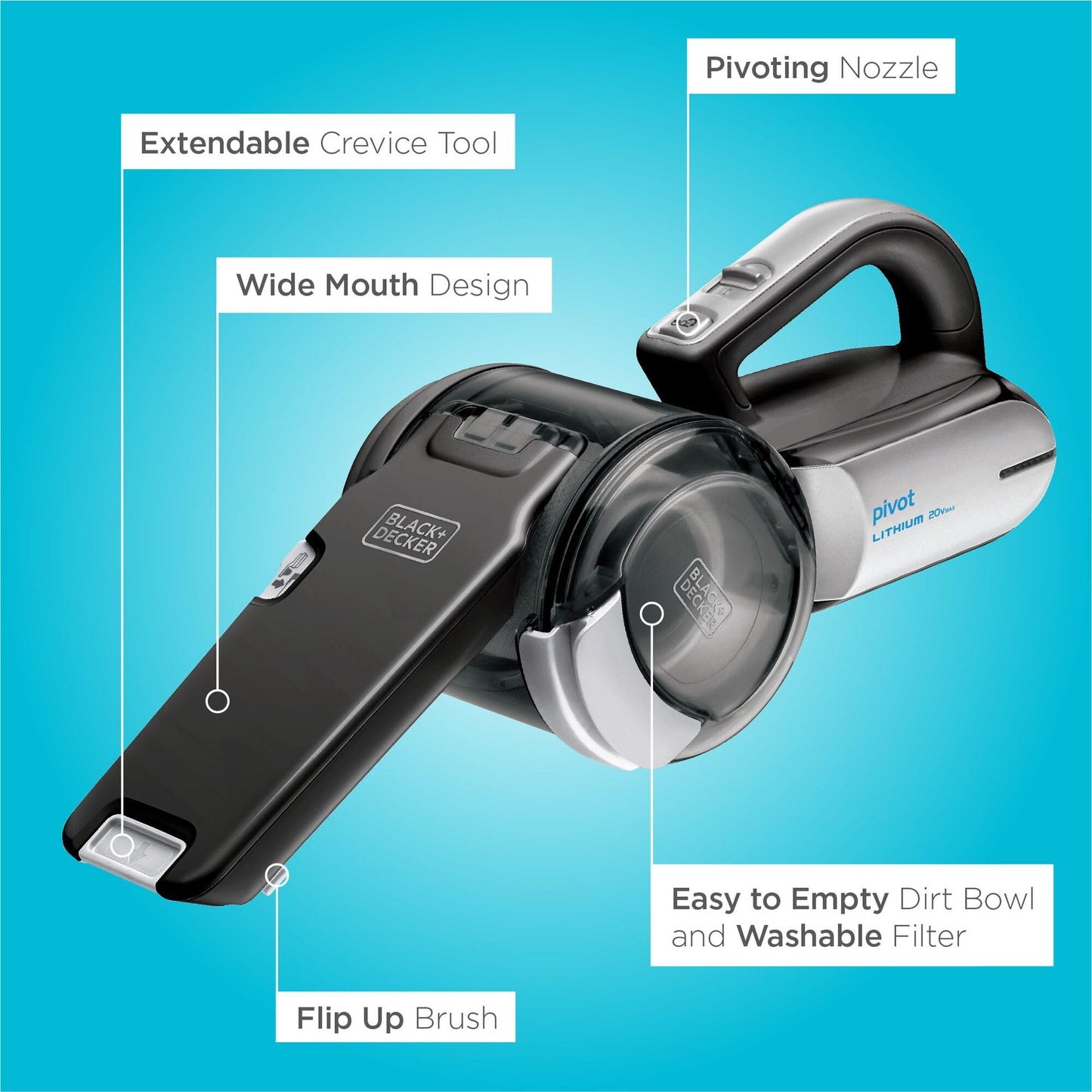 BLACK+DECKER dustbuster PIVOT VAC Cordless Handheld Vacuum, Home and Car Vacuum with Crevice Tool and Pivot Nozzle (BDH2000PL)