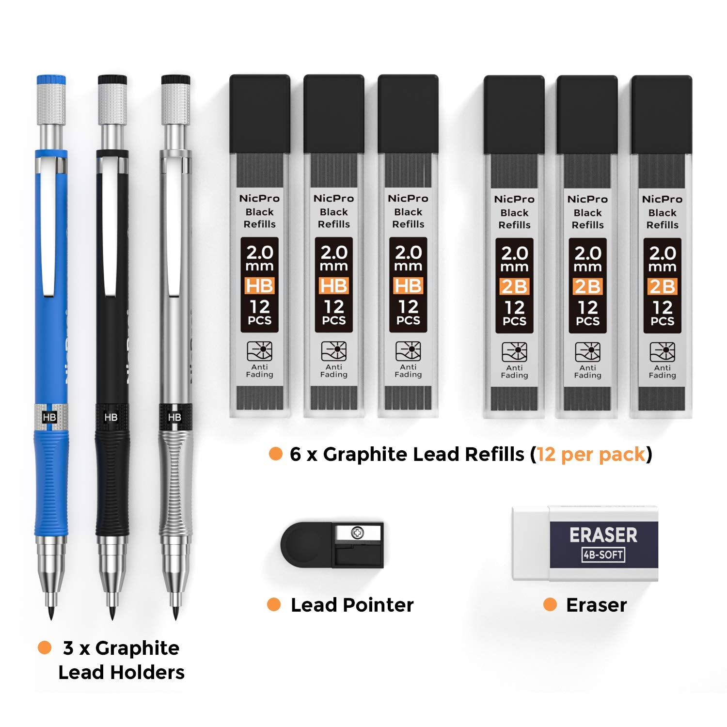 Nicpro 11 Pieces 2mm Mechanical Pencil Set, 3 PCS Carpenter Drafting Pencil 2.0 mm for Art Drawing Writing Sketching Construction with 6 Tube Nicpro