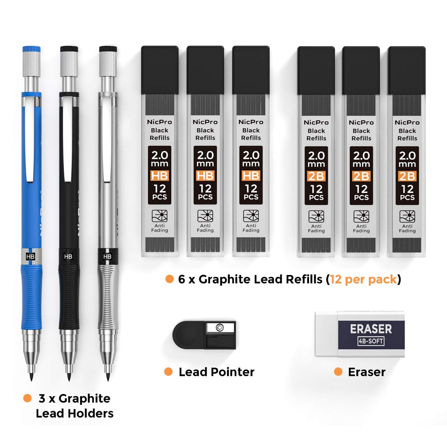 Nicpro 11 Pieces 2mm Mechanical Pencil Set, 3 PCS Carpenter Drafting Pencil  2.0 mm for Art Drawing Writing Sketching Construction with 6 Tube