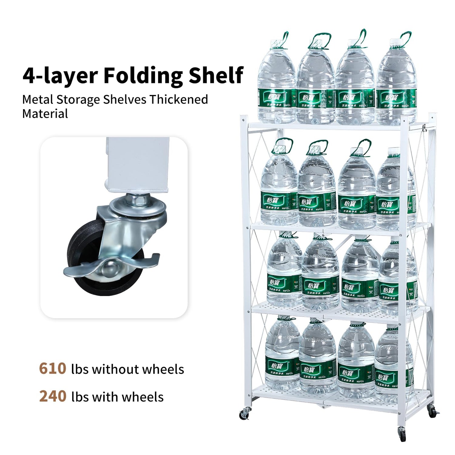 Heavy-Duty JOYBOS 4-Tier Foldable Metal Storage Rack with Wheels - No Assembly Required JOYBOS