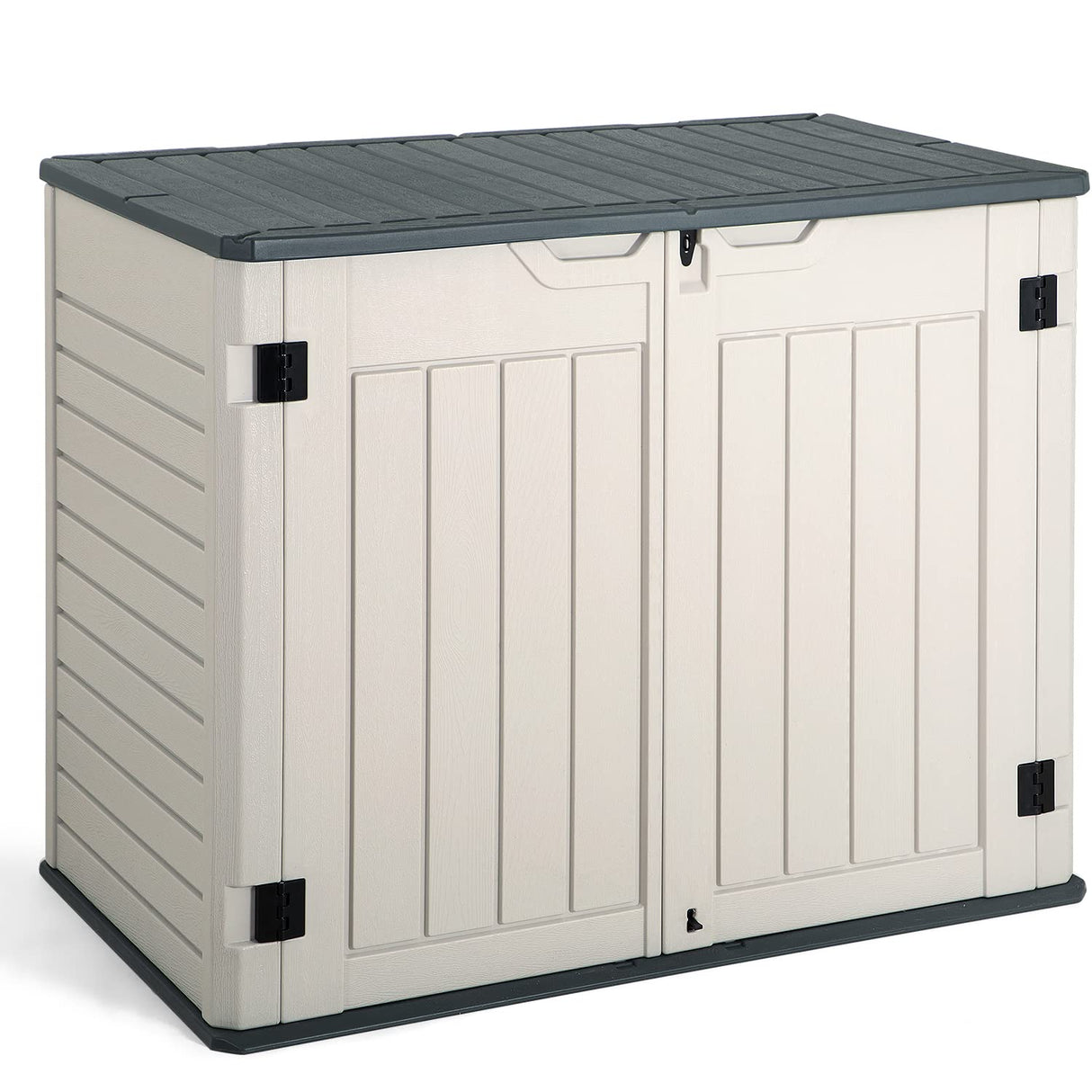 Jummico Horizontal Outdoor Resin Storage Shed 27 Cu. Ft. Garden Storage Extra Large Capacity Weather Resistant Storage Box for Bike, Garbage Cans, JUMMICO