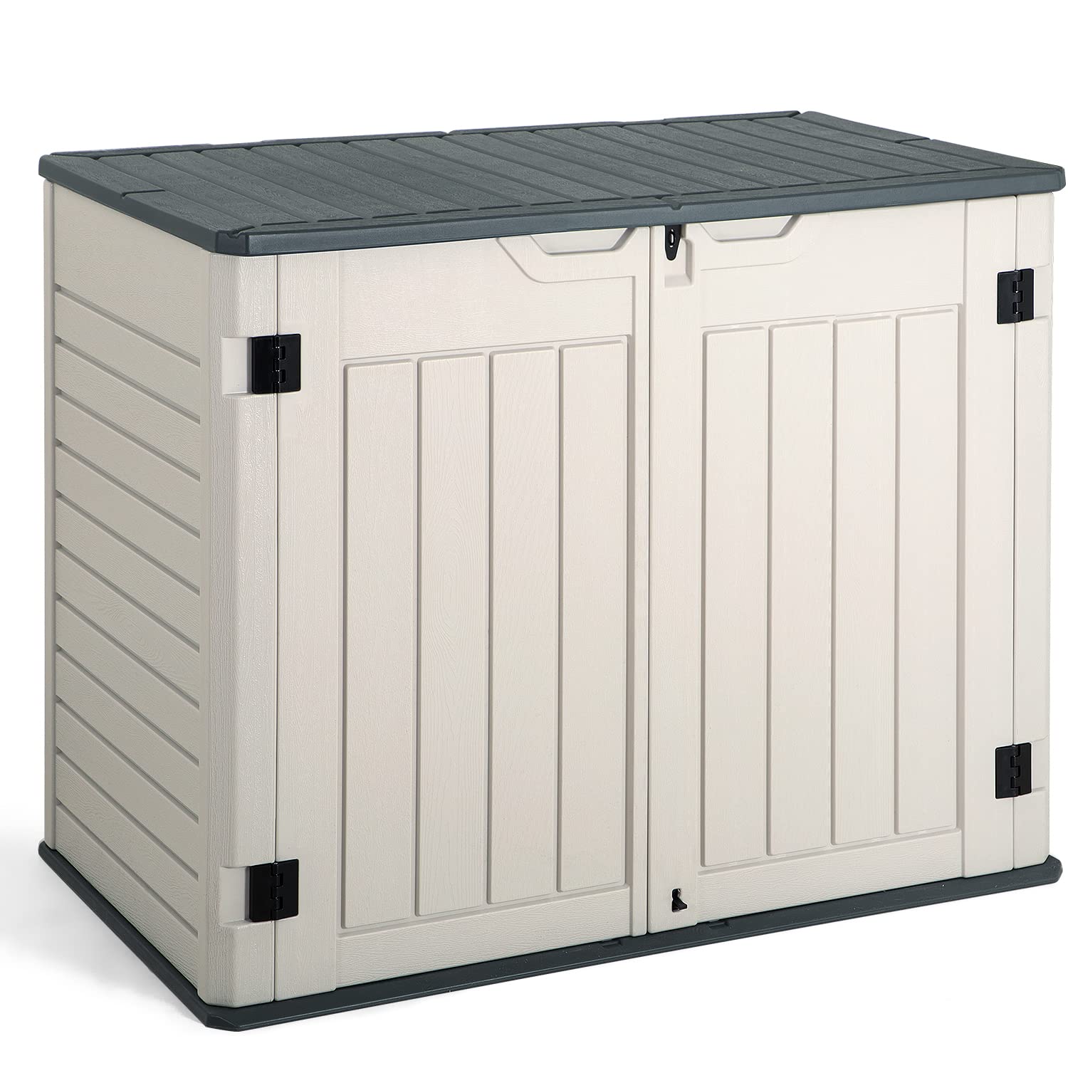 Jummico Horizontal Outdoor Resin Storage Shed 27 Cu. Ft. Garden Storage Extra Large Capacity Weather Resistant Storage Box for Bike, Garbage Cans, - WoodArtSupply