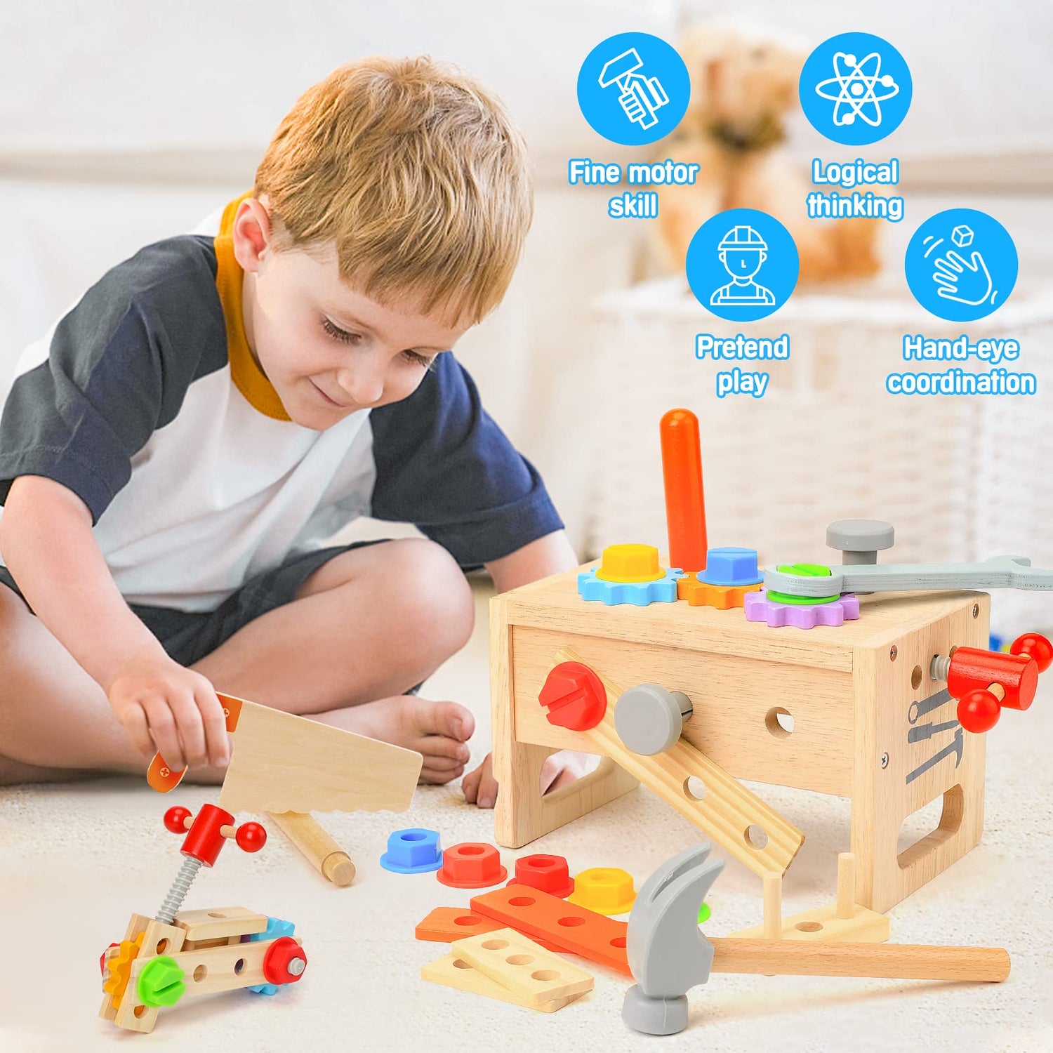 Wooden Tool Set for Kids 2 3 4 5 Year Old, 29Pcs Educational STEM Toys Toddler Montessori Toys for 2 Year Old Construction Preschool Learning Hieoby