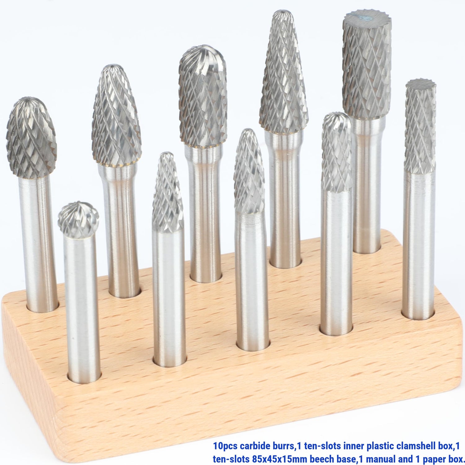 Sworker Carbide Burr Set 1/4" Shank 10PCS w/ Wood Base Die Grinder Bits Rotary Rasp File for Metal Welds Concrete Stone Wood Plastic Carving Cutting Sworker