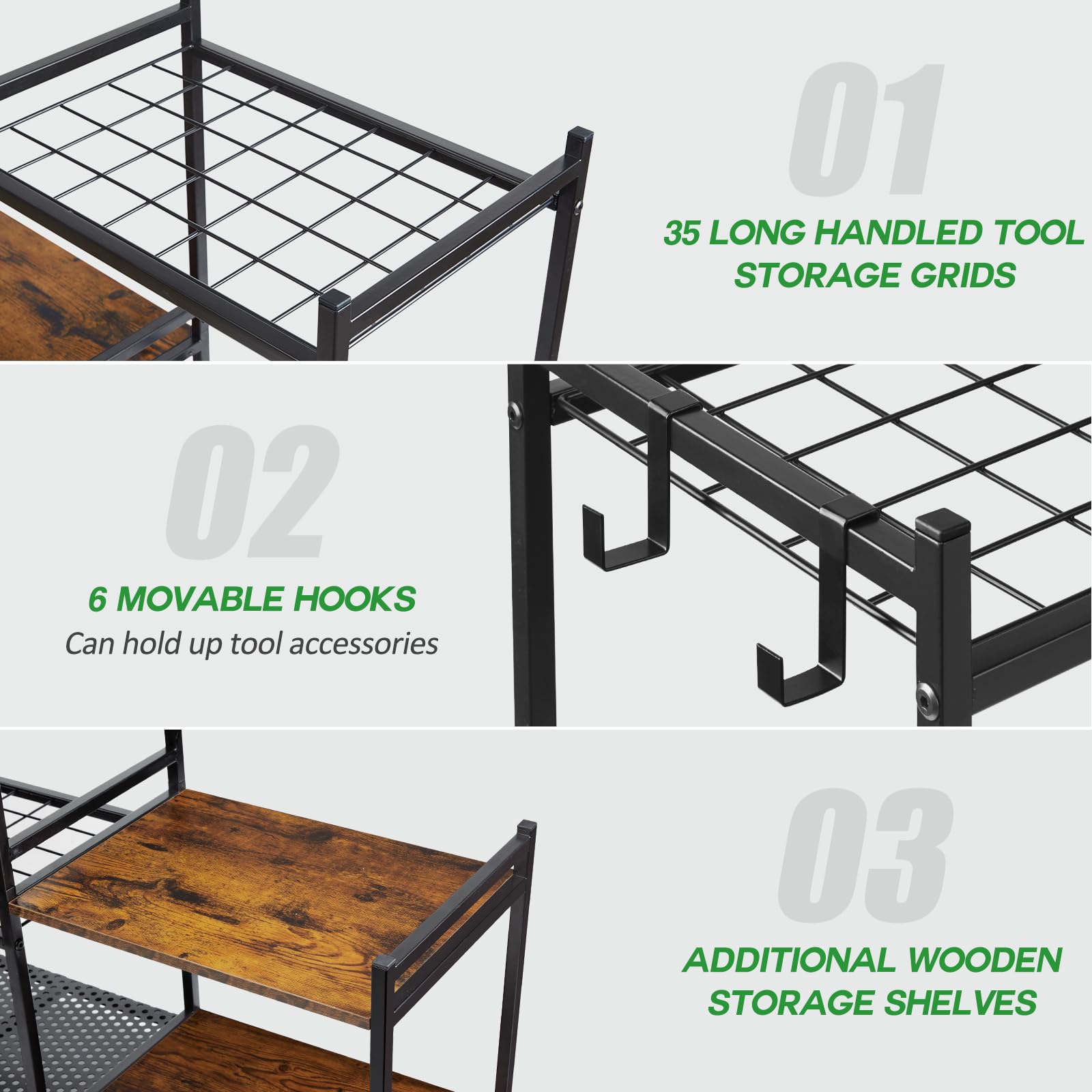 DAOUTIME Garage Tool Organizer with 2-tier Wooden Shelves, Yard Tool Organizer for Garage with 6 Hooks, Heavy duty Steel Garden Tool Rack Holds up to - WoodArtSupply