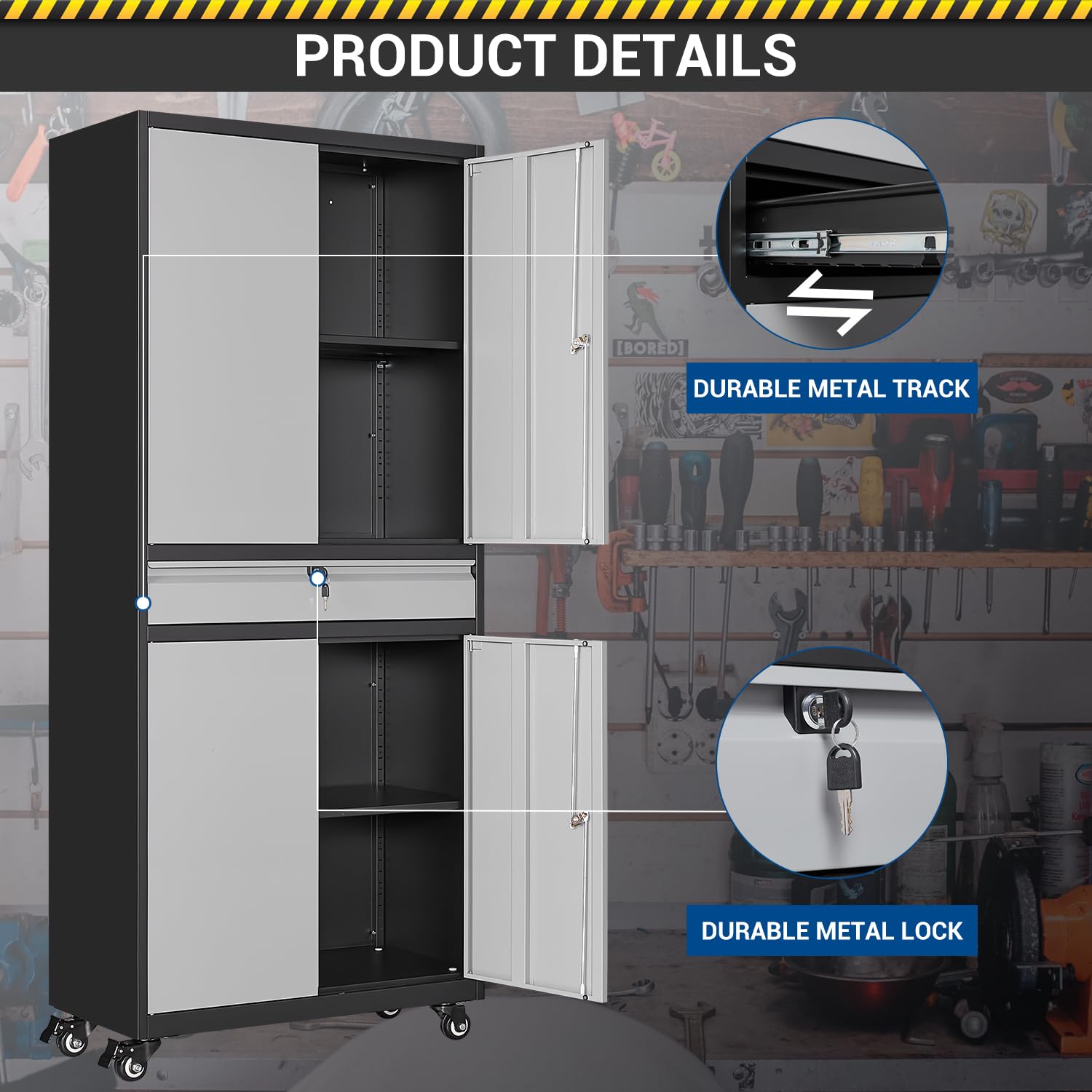 Fesbos 73" Metal Cabinet-Black&Gray Heavy Duty Rolling Storage Cabinet Steel Tool Cabinets with Wheels, Shelves, Lockable Doors and Drawers- for Fesbos