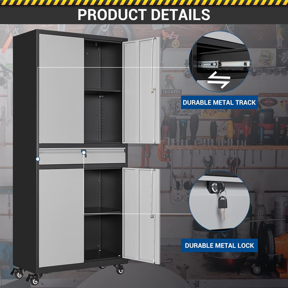 Fesbos 73" Metal Cabinet-Black&Gray Heavy Duty Rolling Storage Cabinet Steel Tool Cabinets with Wheels, Shelves, Lockable Doors and Drawers- for Fesbos