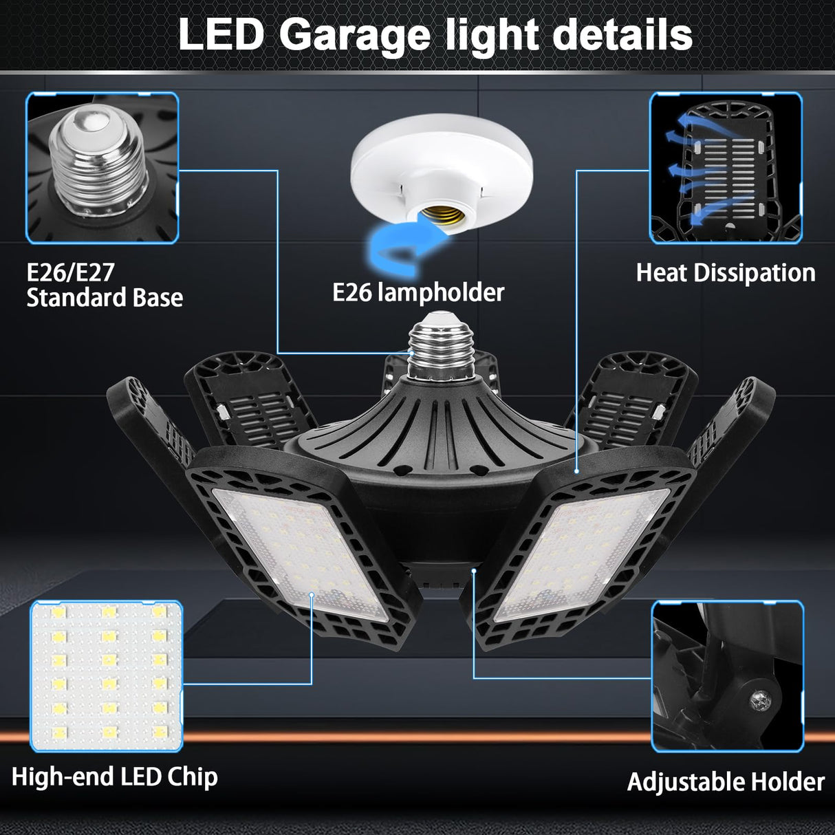 2 Pack LED Garage Light, 240W LED Shop Light Garage Lights, Ceiling Light Garage Lighting with 7+1 Deformable Panels, 24000LM E26/E27 LED Lights for AUDLES