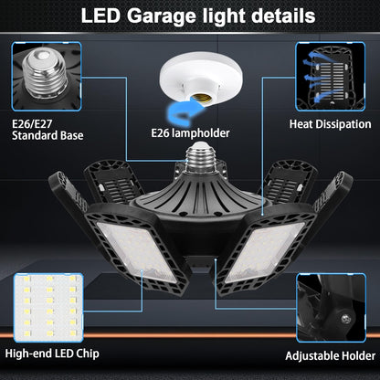 2 Pack LED Garage Light, 240W LED Shop Light Garage Lights, Ceiling Light Garage Lighting with 7+1 Deformable Panels, 24000LM E26/E27 LED Lights for - WoodArtSupply